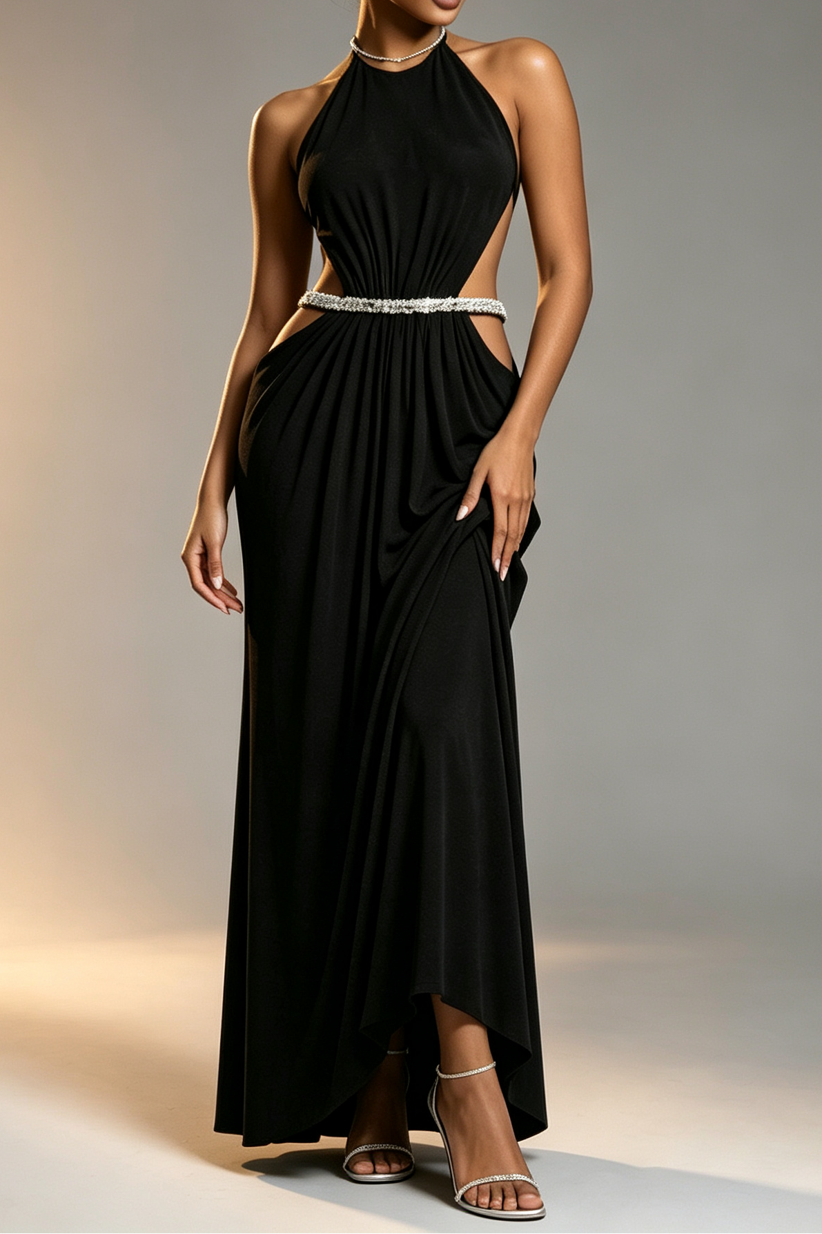 Black High Rhinestone Halter Double Crystal Band Side Waist Cutout Ruched Draped Mermaid Floor Length Formal Dress