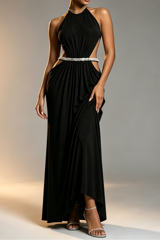 Black High Rhinestone Halter Double Crystal Band Side Waist Cutout Ruched Draped Mermaid Floor Length Formal Dress