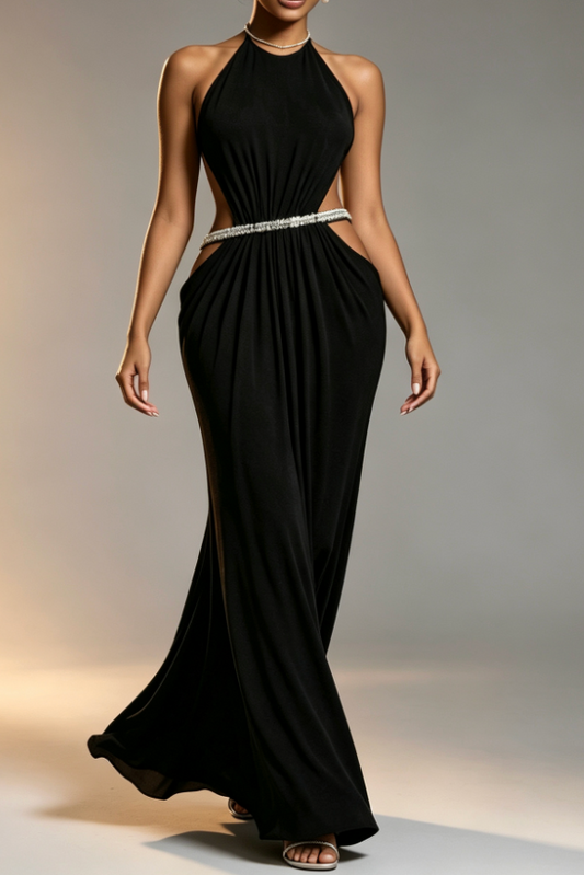 Black High Rhinestone Halter Double Crystal Band Side Waist Cutout Ruched Draped Mermaid Floor Length Formal Dress