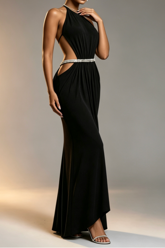 Black High Rhinestone Halter Double Crystal Band Side Waist Cutout Ruched Draped Mermaid Floor Length Formal Dress