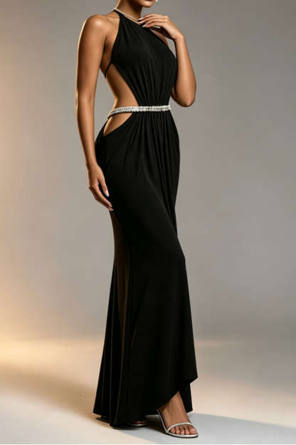 Black High Rhinestone Halter Double Crystal Band Side Waist Cutout Ruched Draped Mermaid Floor Length Formal Dress