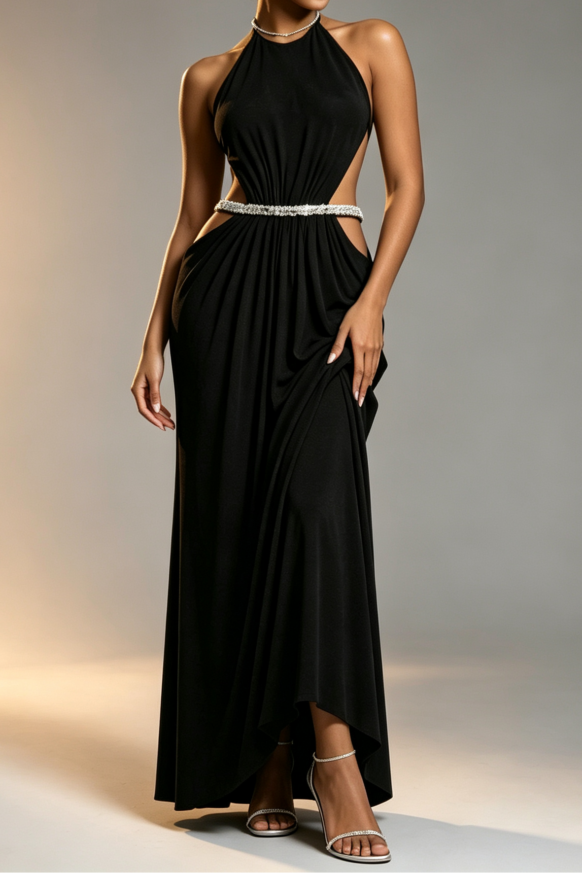 Black High Rhinestone Halter Double Crystal Band Side Waist Cutout Ruched Draped Mermaid Floor Length Formal Dress