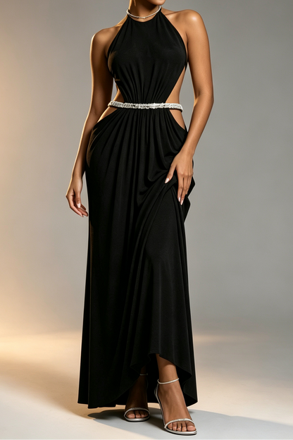 Black High Rhinestone Halter Double Crystal Band Side Waist Cutout Ruched Draped Mermaid Floor Length Formal Dress