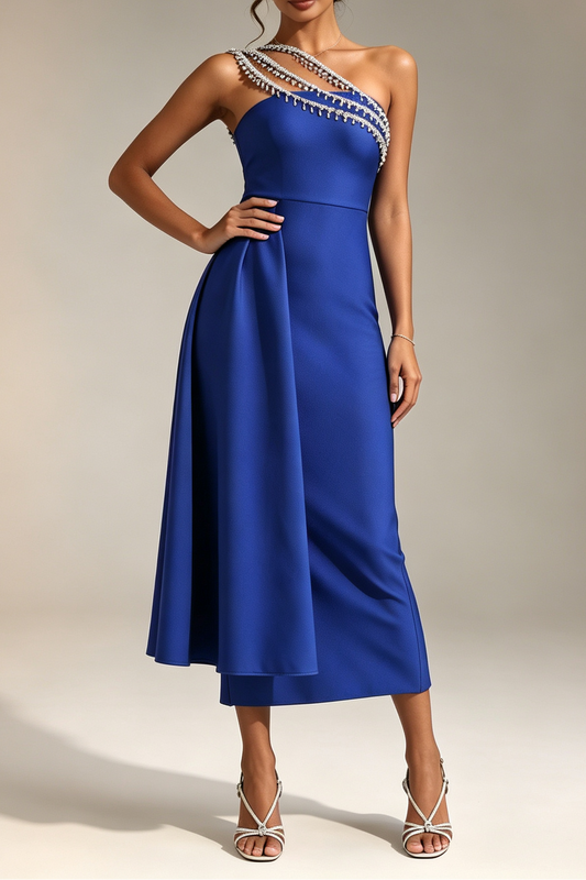 Royal Blue Multi-Layer Fringe Rhinestone One Shoulder Slim Midi Dress With Side Draped Flare Panel