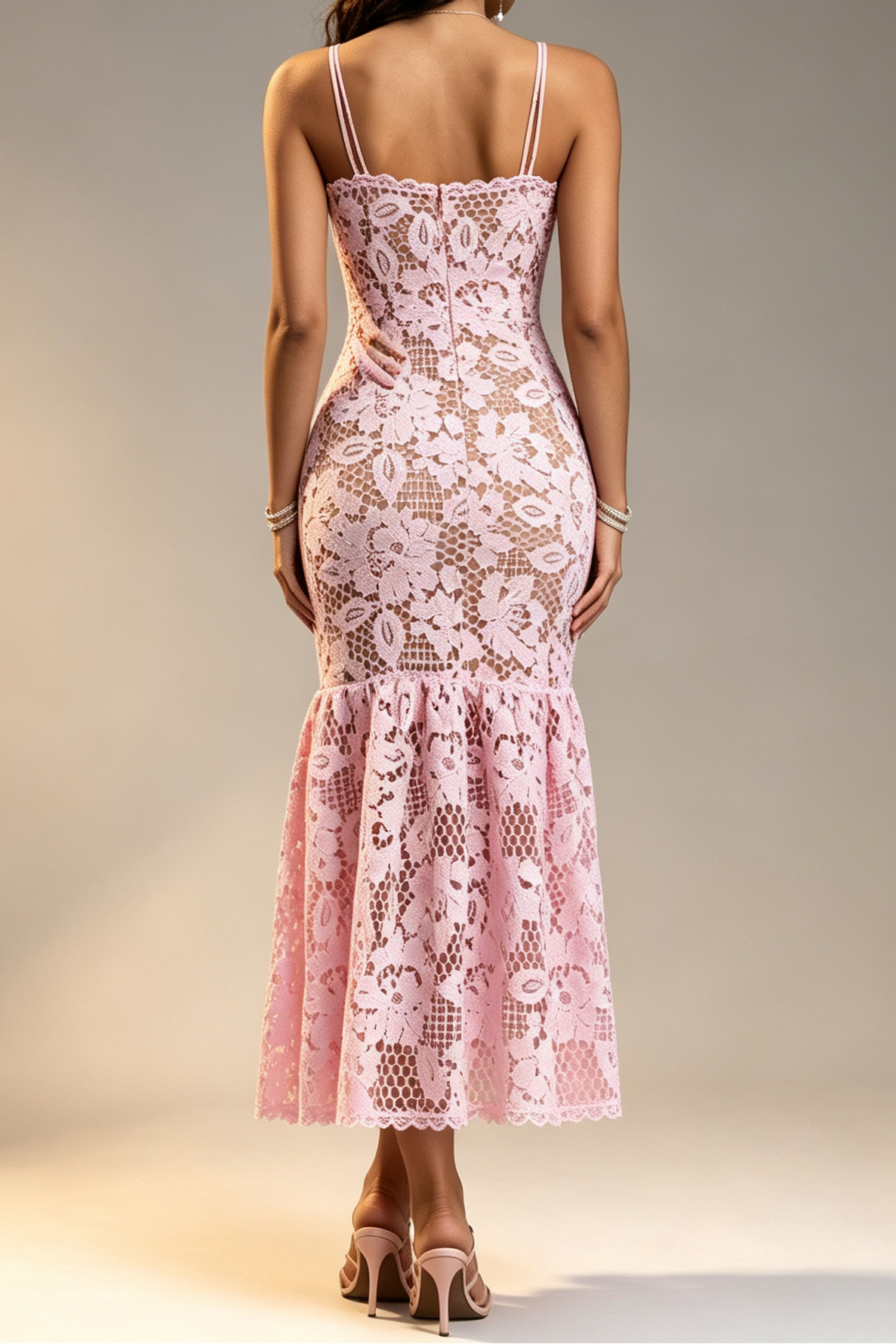 Pink Hollow Floral Crochet Lace Thin Spaghetti Strap Scalloped Neck Fishtail Mermaid Midi Dress