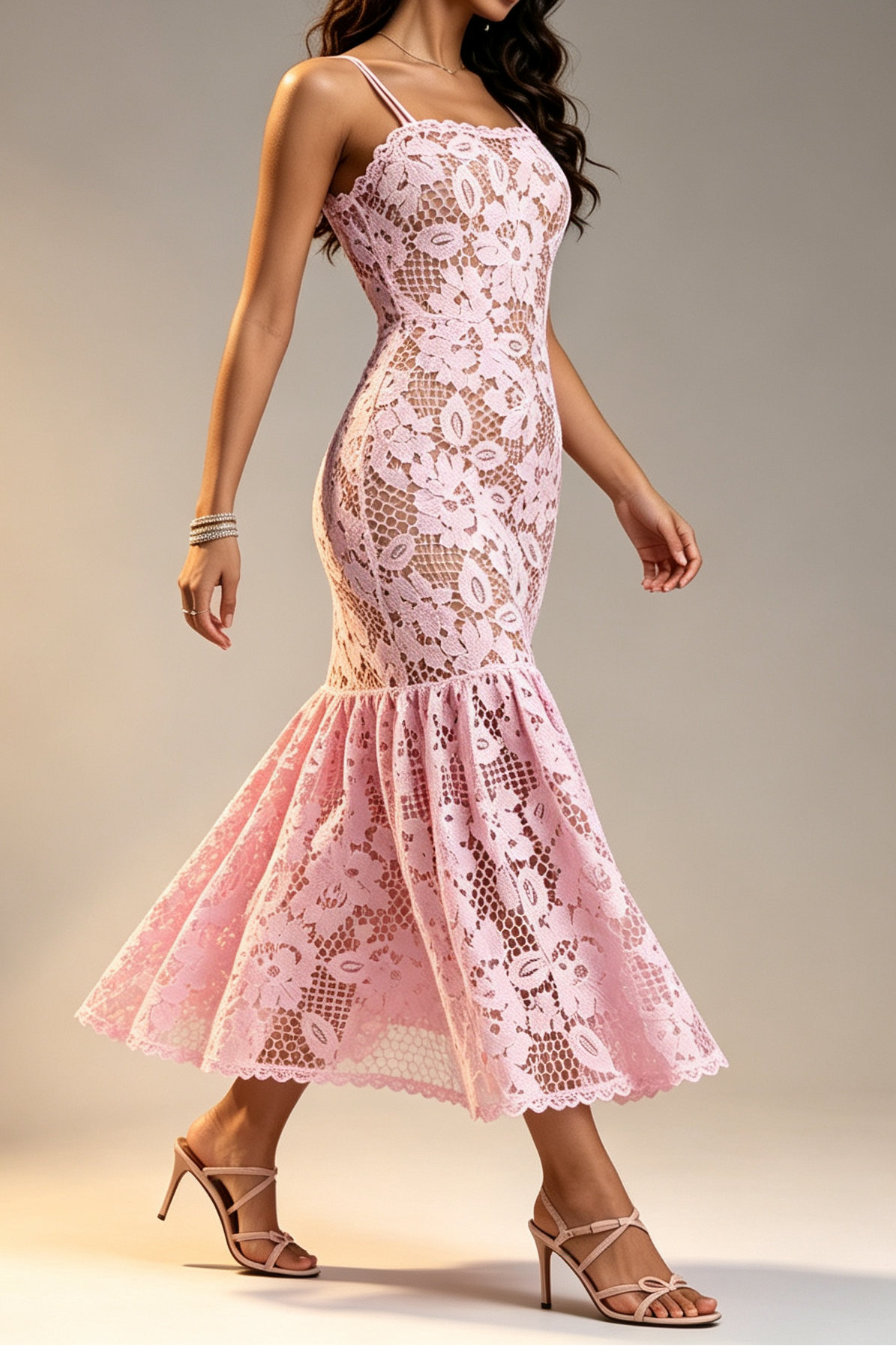Pink Hollow Floral Crochet Lace Thin Spaghetti Strap Scalloped Neck Fishtail Mermaid Midi Dress