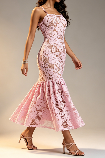 Pink Hollow Floral Crochet Lace Thin Spaghetti Strap Scalloped Neck Fishtail Mermaid Midi Dress