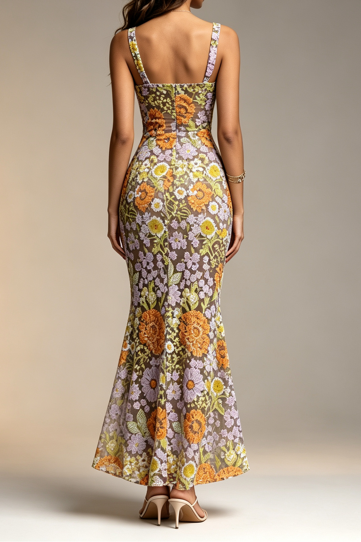 Multicolor 3D Floral Beaded Embroidery Spaghetti Strap Square Neck Sheer Mesh High Side Slit Mermaid Maxi Dress