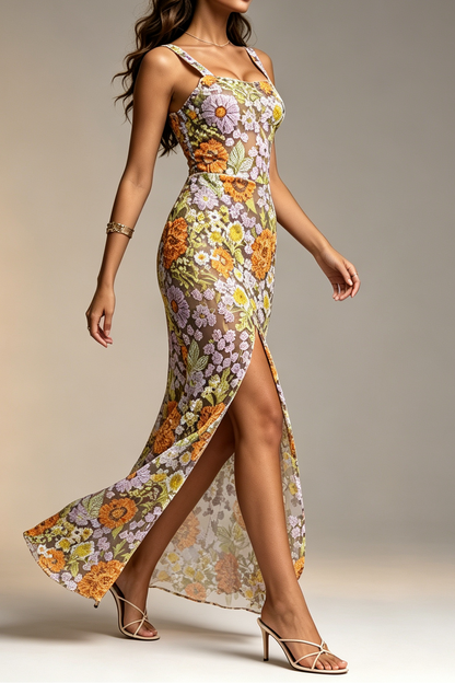 Multicolor 3D Floral Beaded Embroidery Spaghetti Strap Square Neck Sheer Mesh High Side Slit Mermaid Maxi Dress