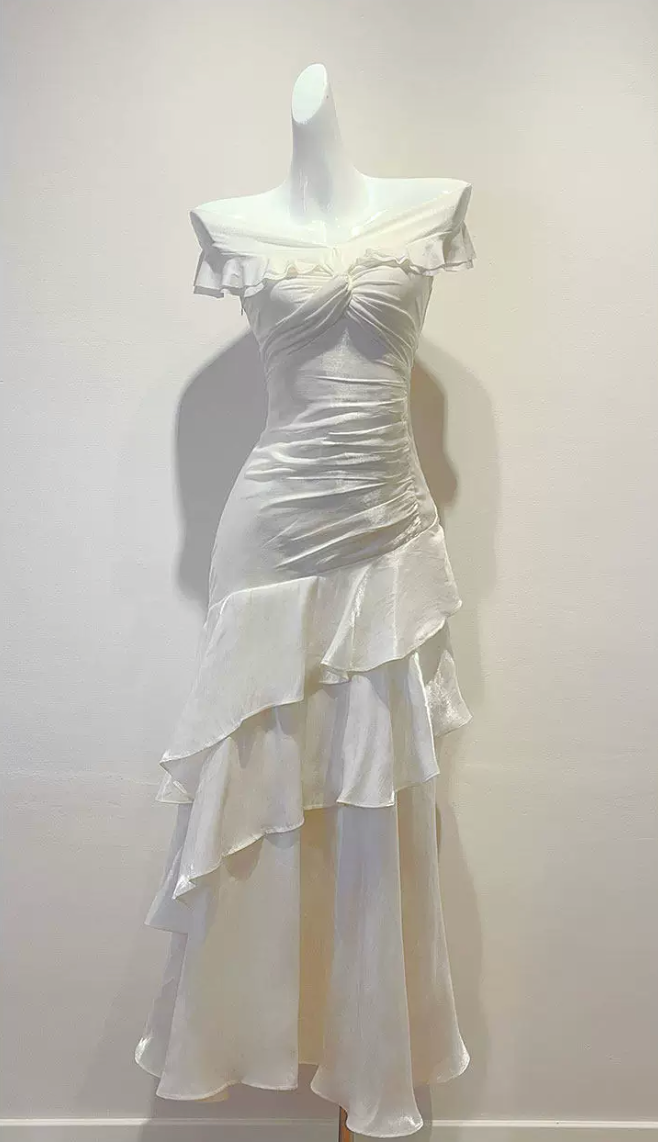 Off Shoulder Twist Ruched Tiered Ruffle Satin Maxi Dress