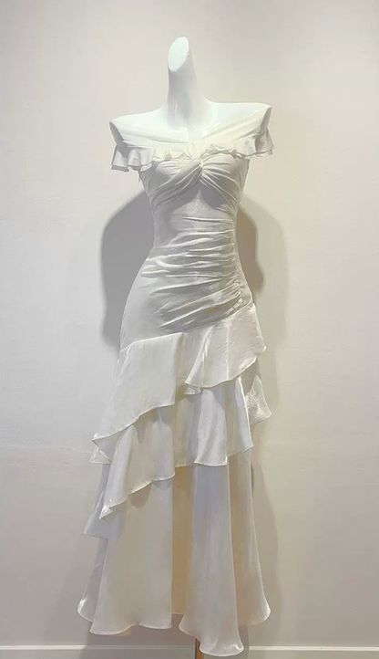 Off Shoulder Twist Ruched Tiered Ruffle Satin Maxi Dress