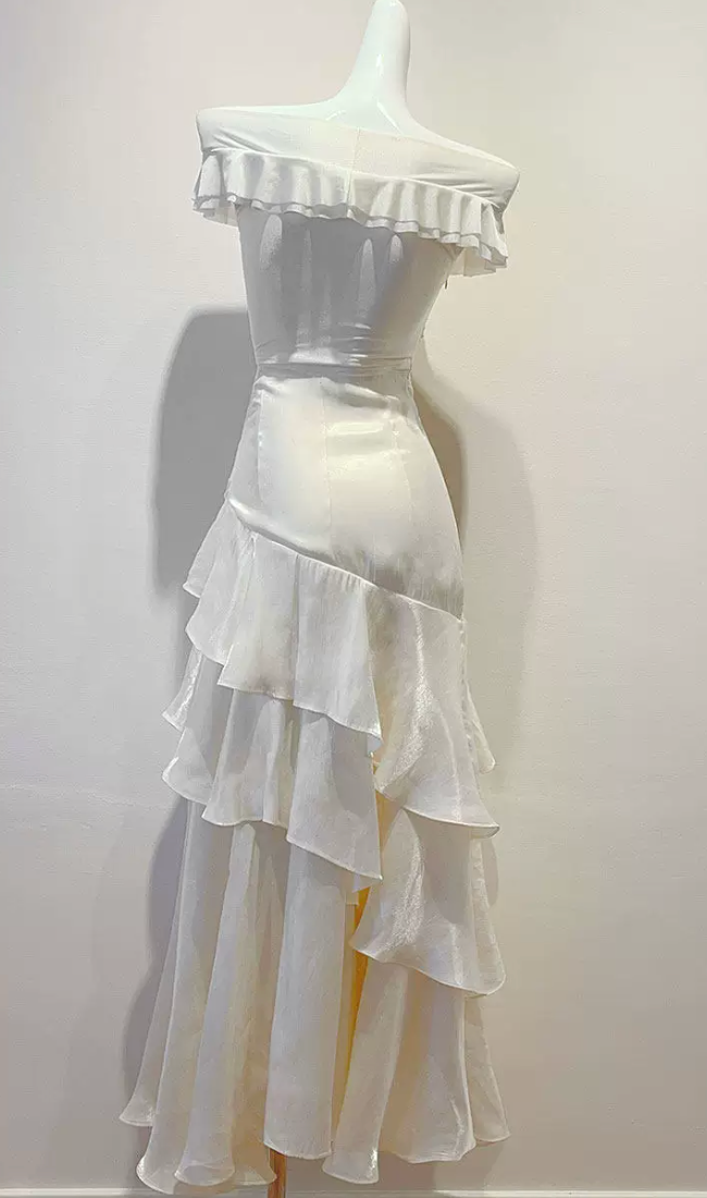 Off Shoulder Twist Ruched Tiered Ruffle Satin Maxi Dress