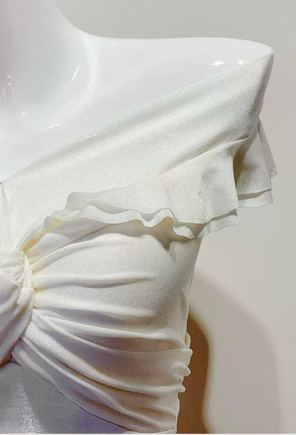 Off Shoulder Twist Ruched Tiered Ruffle Satin Maxi Dress