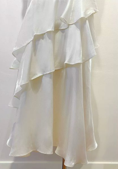 Off Shoulder Twist Ruched Tiered Ruffle Satin Maxi Dress