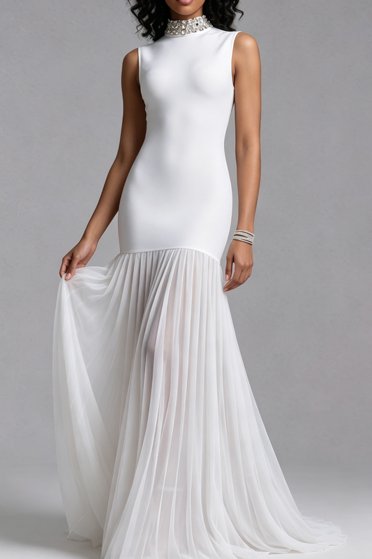 Rhinestone High Neck Sleeveless Bandage Chiffon Maxi Dress