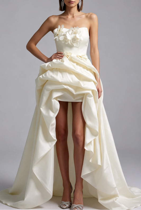 Strapless 3D Floral High Low Satin Evening Gown