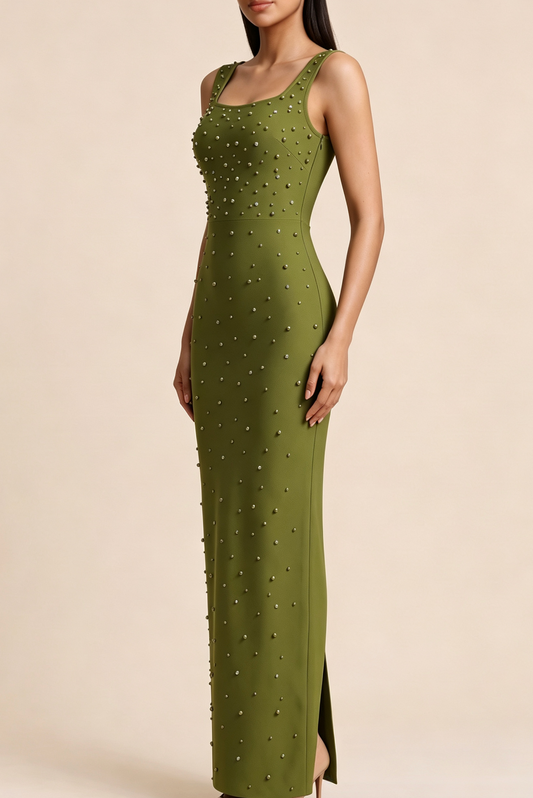 Square Neck Sleeveless Rhinestone Mermaid Maxi Dress