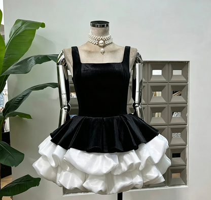 alexandra layer Wavy trim mini dress  - black/white