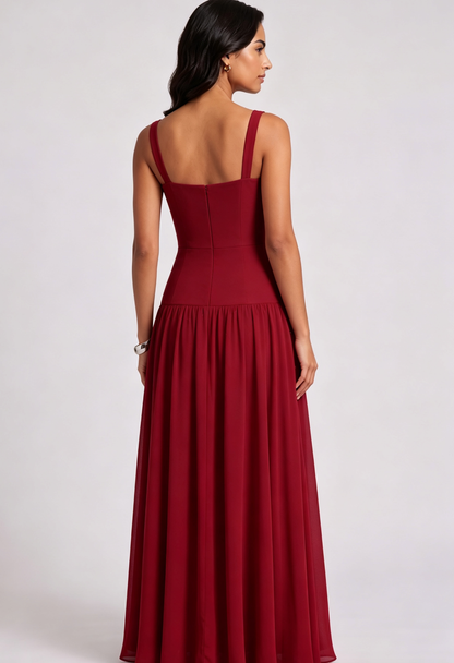 Square Strap Grid Rhinestone Pearl Flowy Maxi Dress