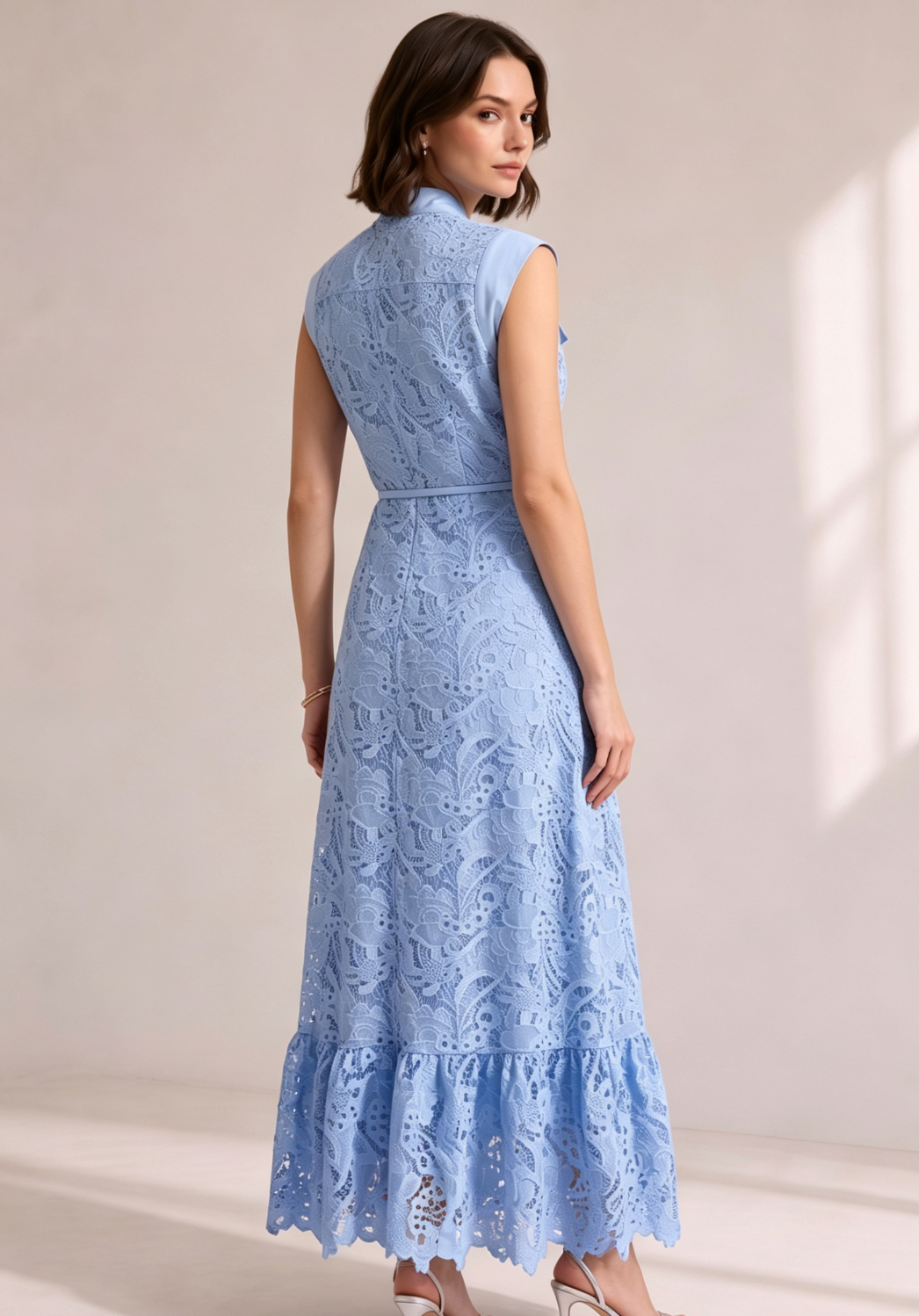 Sky Blue Sleeveless Tie Neck Cargo Pocket Floral Lace Midi Shirt Dress