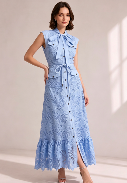 Sky Blue Sleeveless Tie Neck Cargo Pocket Floral Lace Midi Shirt Dress
