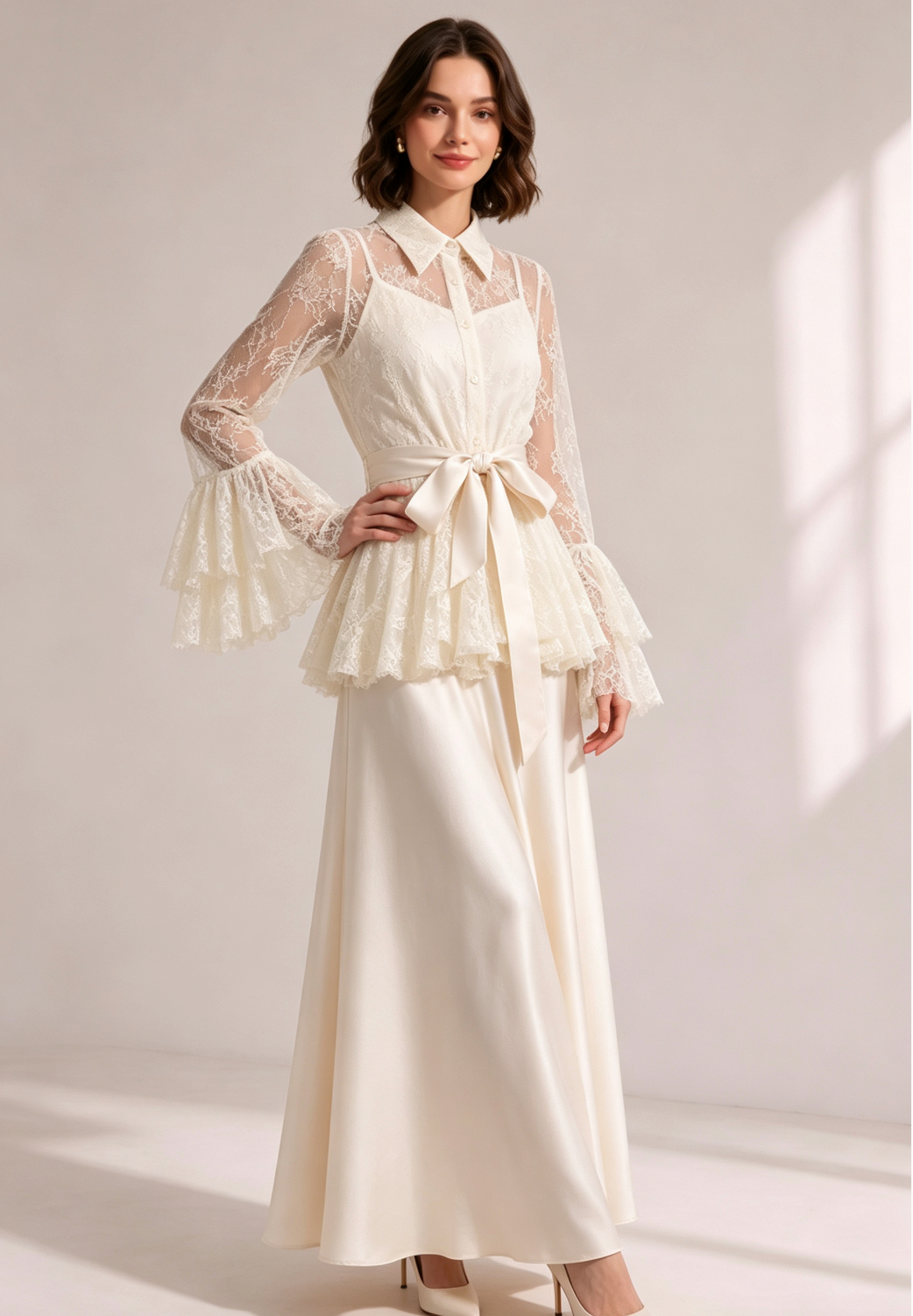 Cream Lace Flare Sleeve Shirt Top Satin Cami Sash Belt Wide Leg Maxi Pants Three-Piece Set
