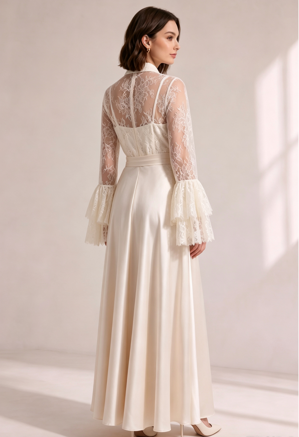 Cream Lace Flare Sleeve Shirt Top Satin Cami Sash Belt Wide Leg Maxi Pants Three-Piece Set