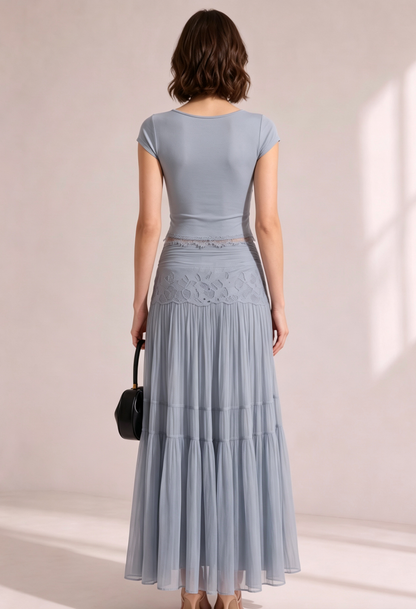 Dusty Blue Lace Ribbed Crop Top Tiered Pleated Midi Skirt Two-Piece Set