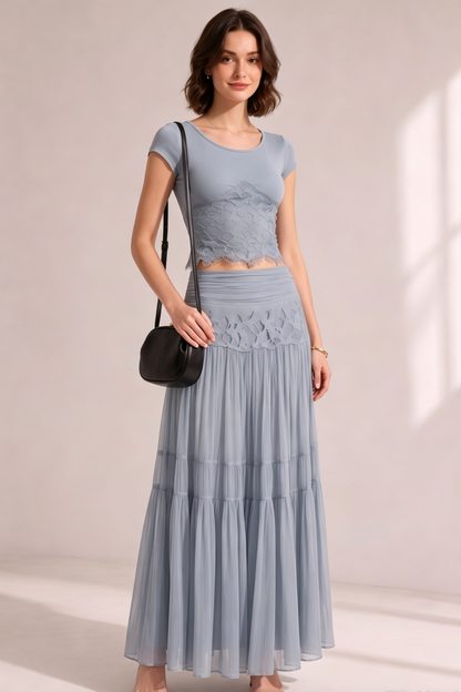 Dusty Blue Lace Ribbed Crop Top Tiered Pleated Midi Skirt Two-Piece Set
