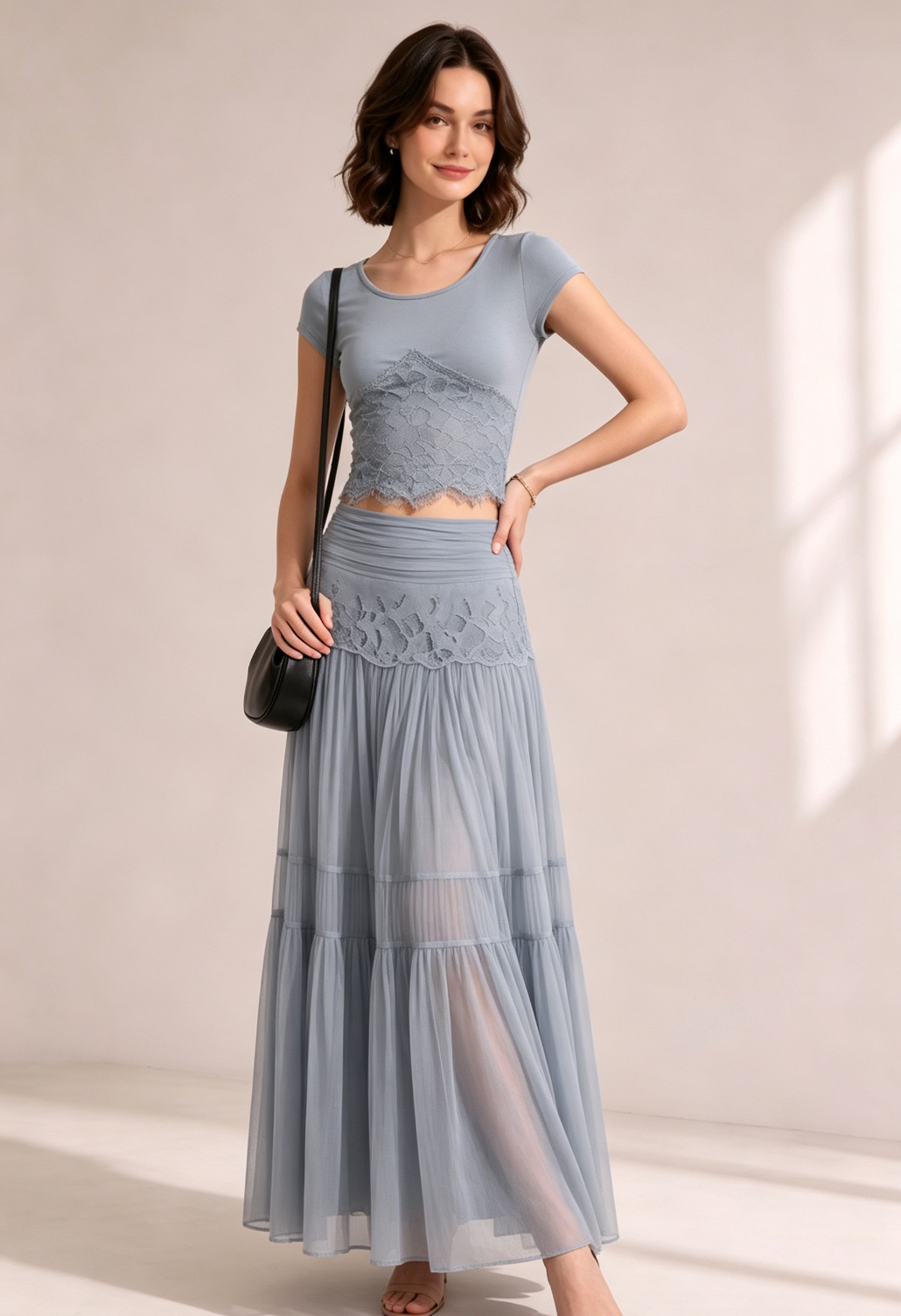 Dusty Blue Lace Ribbed Crop Top Tiered Pleated Midi Skirt Two-Piece Set