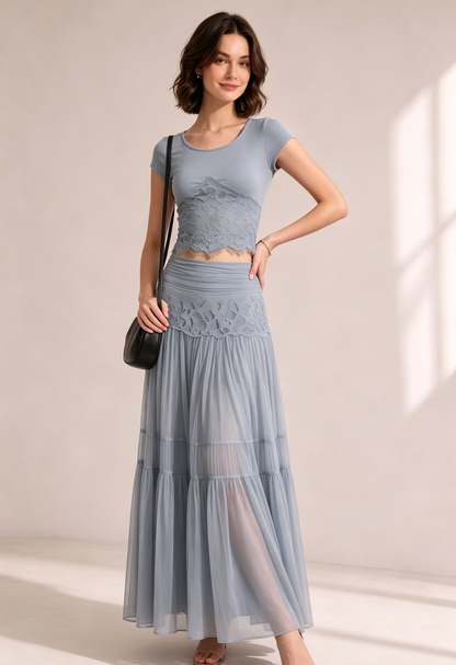 Dusty Blue Lace Ribbed Crop Top Tiered Pleated Midi Skirt Two-Piece Set