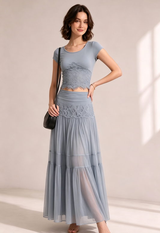 Dusty Blue Lace Ribbed Crop Top Tiered Pleated Midi Skirt Two-Piece Set