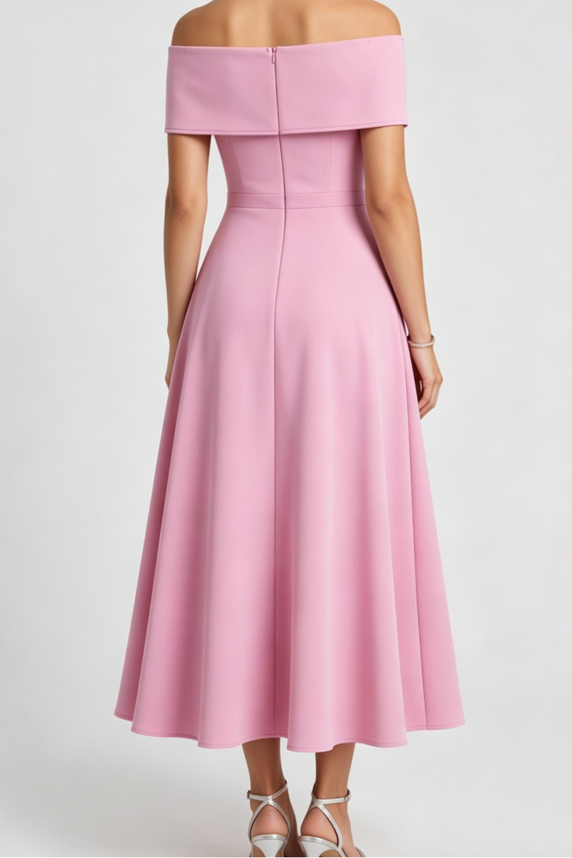 Light Pink Solid Matte Structured Fabric (Likely Crepe or Satin Blend) A-Line Flare Evening Dress