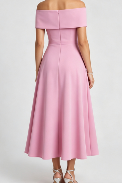 Light Pink Solid Matte Structured Fabric (Likely Crepe or Satin Blend) A-Line Flare Evening Dress