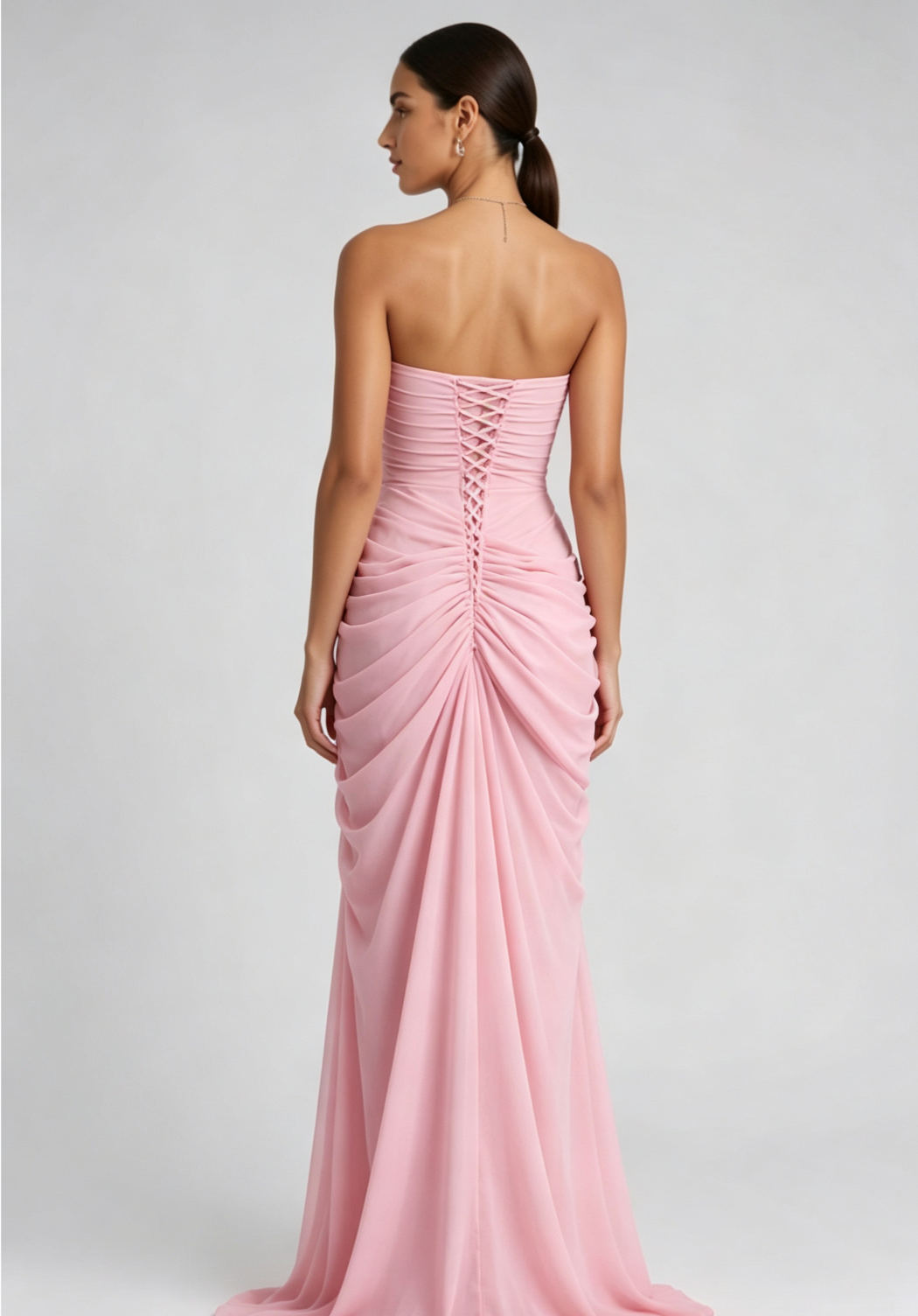 Pastel Pink Lightweight woven crepe or chiffon Column with asymmetric side drape Evening Gown