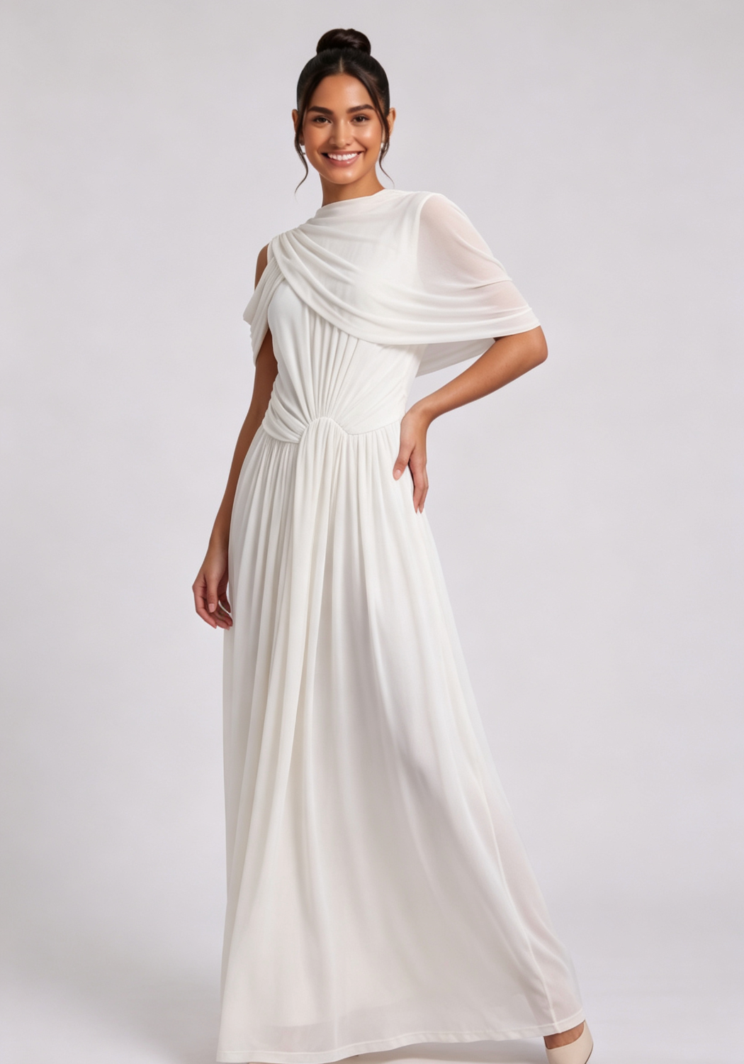 White Draped Maxi Dress with Cold Shoulder Detail Premium Fabric - product view 5