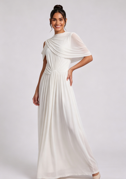 White Draped Maxi Dress with Cold Shoulder Detail Premium Fabric - product view 5