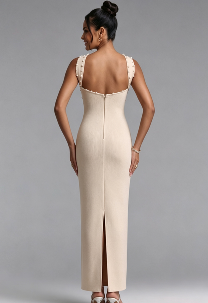 Beige Pearl Embellished Halter Maxi Dress Premium Fabric - product view 3