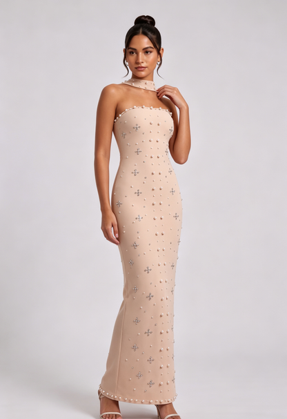 Beige Pearl Embellished Halter Maxi Dress Premium Fabric - product view 4