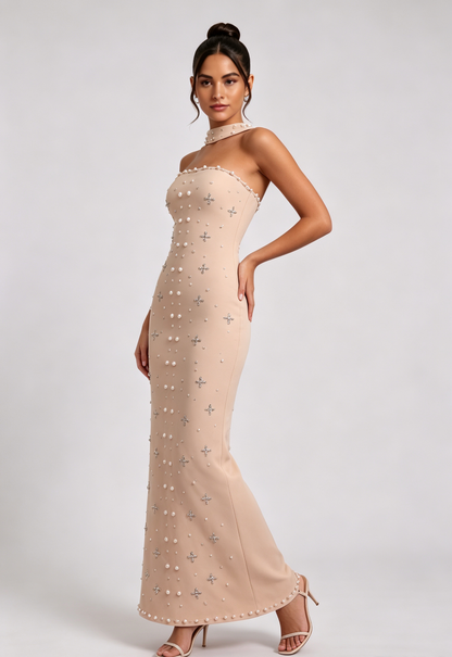Beige Pearl Embellished Halter Maxi Dress Premium Fabric - product view 5
