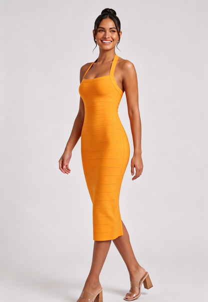 Yellow Halter Midi Bandage Dress Premium Fabric - product view 4