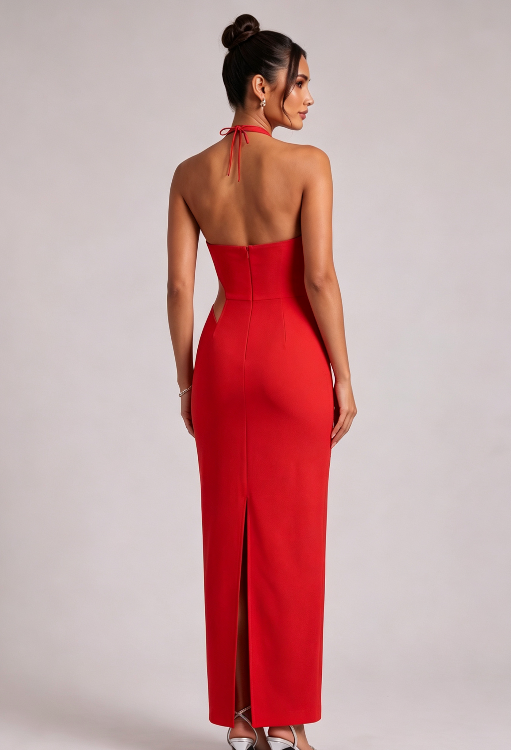 Red Halter Neck Evening Gown with Silver Floral Embellishments Premium Fabric - product view 5