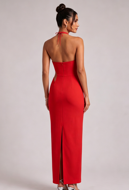 Red Halter Neck Evening Gown with Silver Floral Embellishments Premium Fabric - product view 5