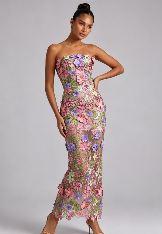 3D Floral Appliqué Strapless Maxi Dress Premium Fabric - product view 5