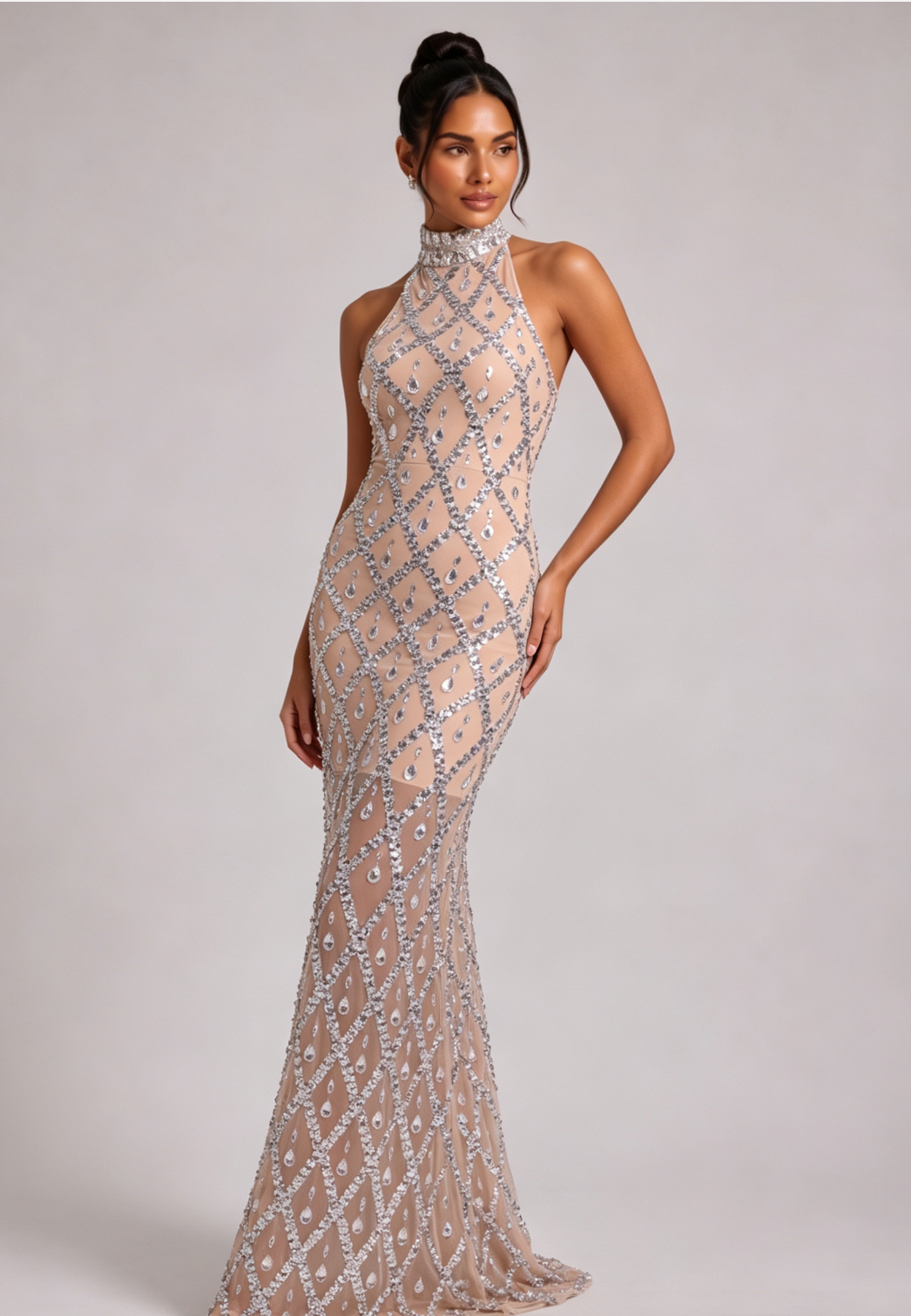 Silver Crystal Halter Neck Floor-Length Gown Premium Fabric - product view 4