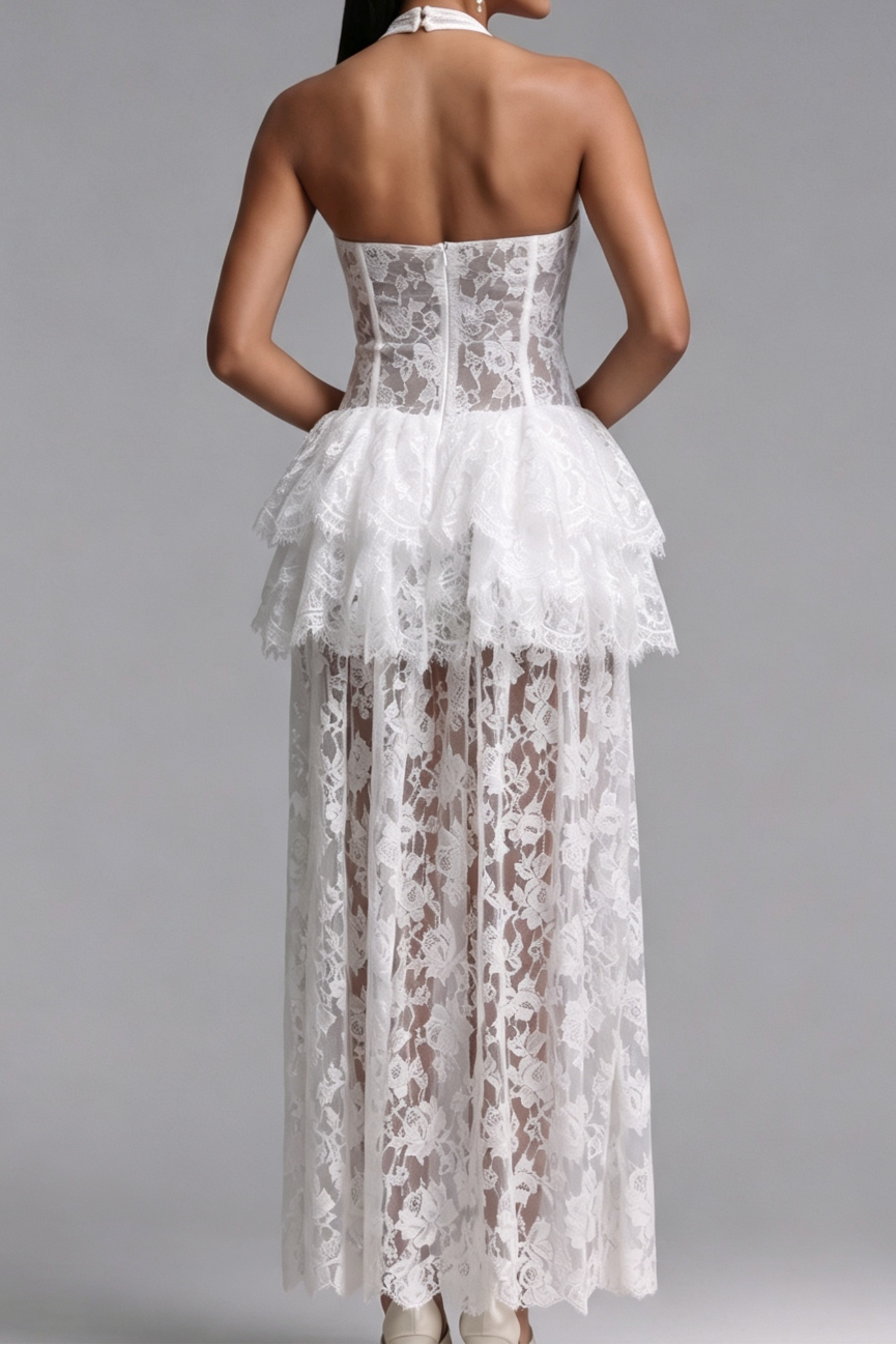 white floral lace corset bodice with tiered peplum and straight skirt dress