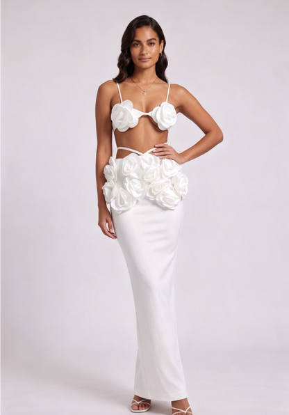 White Structured crepe or heavy satin Fitted column Two-piece set (bralette top and maxi skirt)