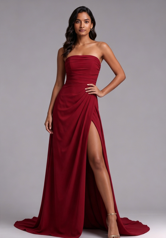 Deep red Chiffon or lightweight crepe Draped column with high slit Evening gown