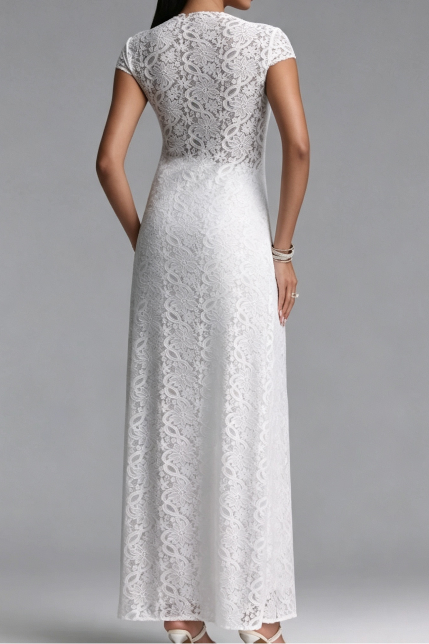 White Floral lace Slim-fit maxi top with high front slit; high-waisted wide-leg pants Two-piece set (longline tunic and pants)