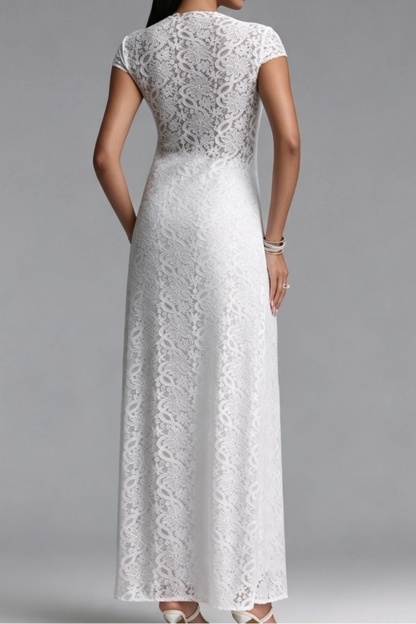 White Floral lace Slim-fit maxi top with high front slit; high-waisted wide-leg pants Two-piece set (longline tunic and pants)